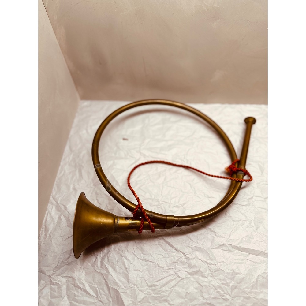 Vintage Brass Fox Hunting Horn Circular French Style Equestrian Decor Red Cord